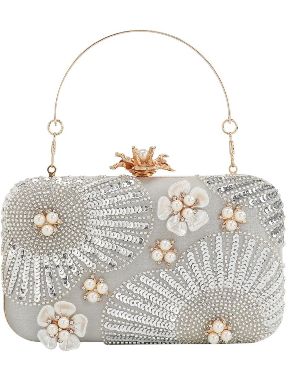 Women's Silver Vintage Floral Embroidery Clutch Elegant Pearl Design For Wedding
